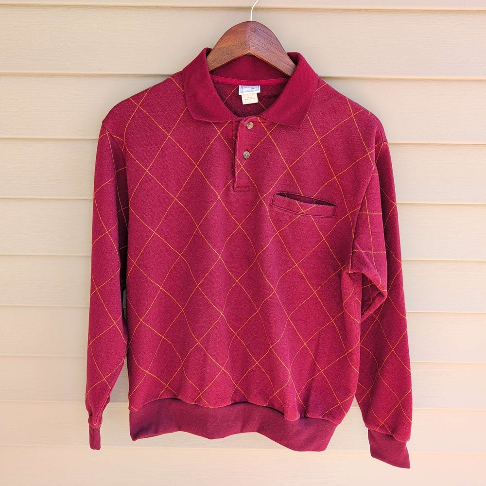Haband Casual Joe Polo Sweatshirt Mens M Burgundy Diamond Grid Long Sleeve